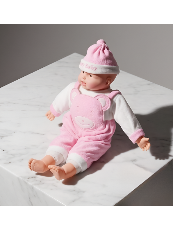 Realistic Soft Body Baby Doll in Pink Teddy Bear Dungarees and Hat | Lifelike Newborn Toy with Sound Effects for Toddlers LMI7913