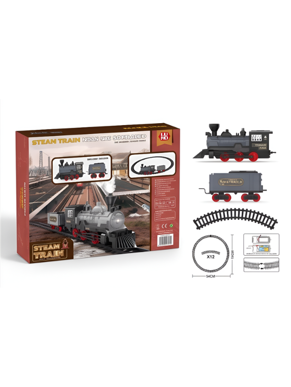 Vintage Remote Control Steam Train Set with Tracks – Battery Operated Toy Train with Locomotive Engine, Cargo Car, and 15-Piece Circular Track for Kids LMI16767