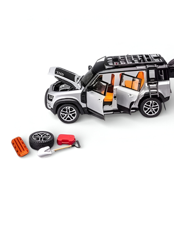 Defender Diecast Car 1:22 Scale with Roof Rack Accessories – Detailed Metal Model SUV Silver TV139.