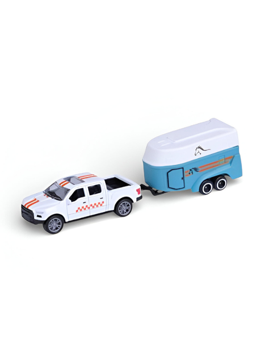 Detachable Horse Box Caravan Toy – White Pickup Truck & Blue Horse Trailer for Kids and Collectors.