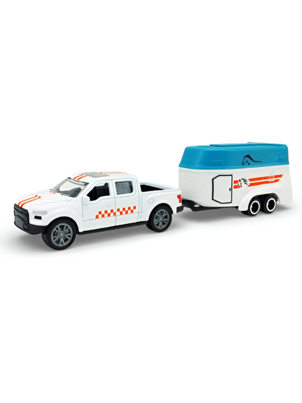 Detachable Horse Box Caravan Toy – White Pickup Truck & Blue Horse Trailer for Kids and Collectors.