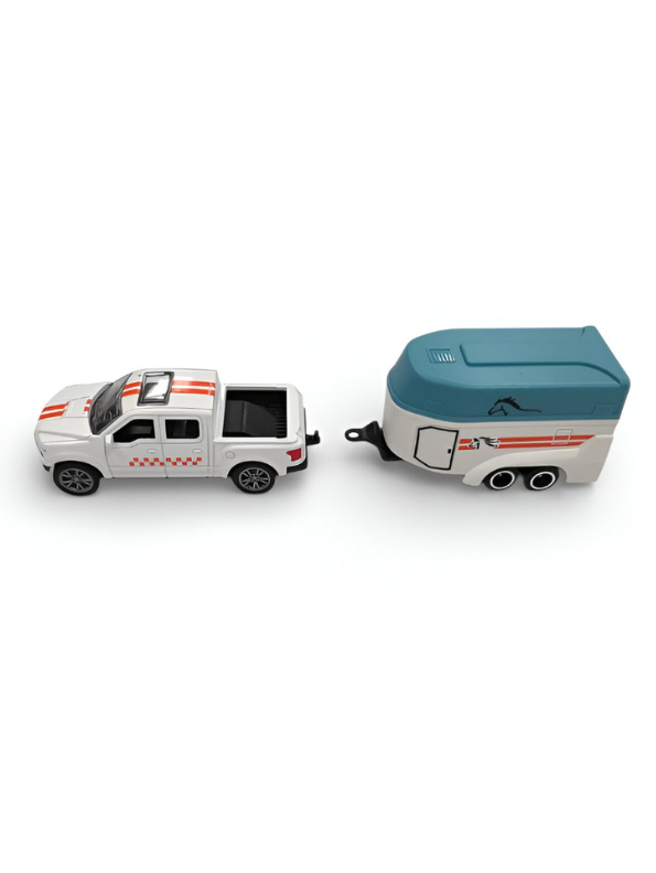 Detachable Horse Box Caravan Toy – White Pickup Truck & Blue Horse Trailer for Kids and Collectors.