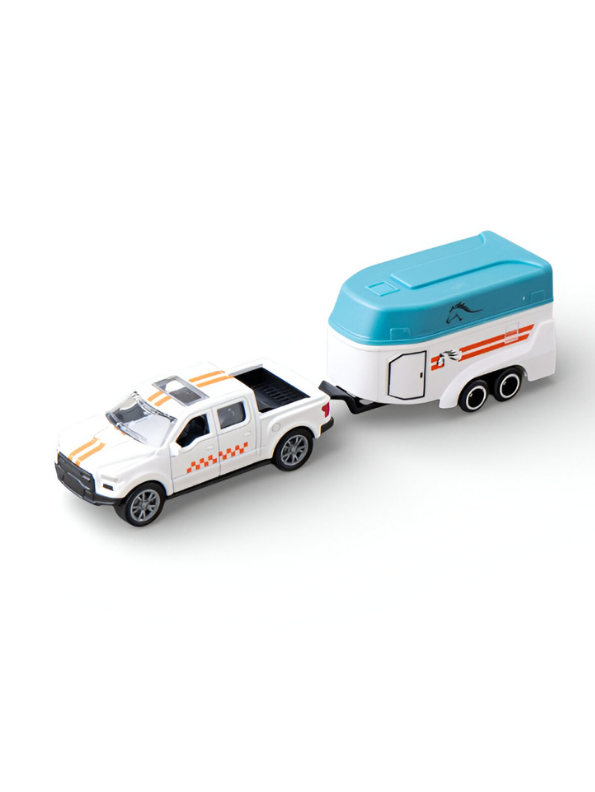 Detachable Horse Box Caravan Toy – White Pickup Truck & Blue Horse Trailer for Kids and Collectors.