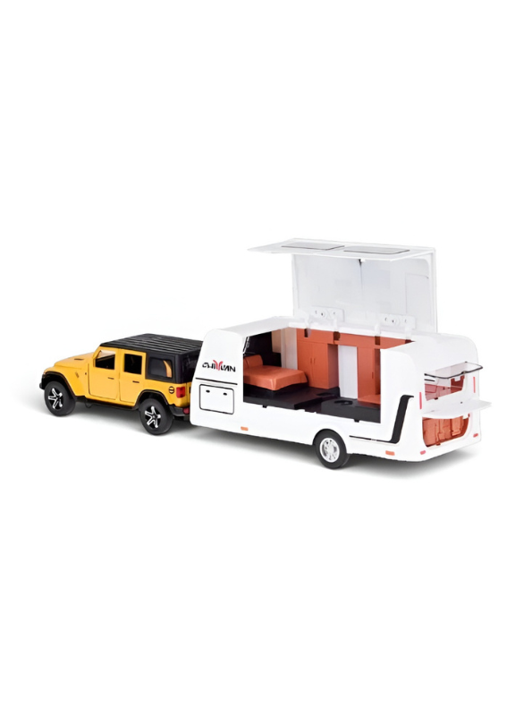 Diecast Jeep Rubicon SUV Toy with Detachable RV Camper Trailer 1:32 Scale | Yellow Pull Back Metal Off-Road Vehicle Model for Kids & Collectors TV6178