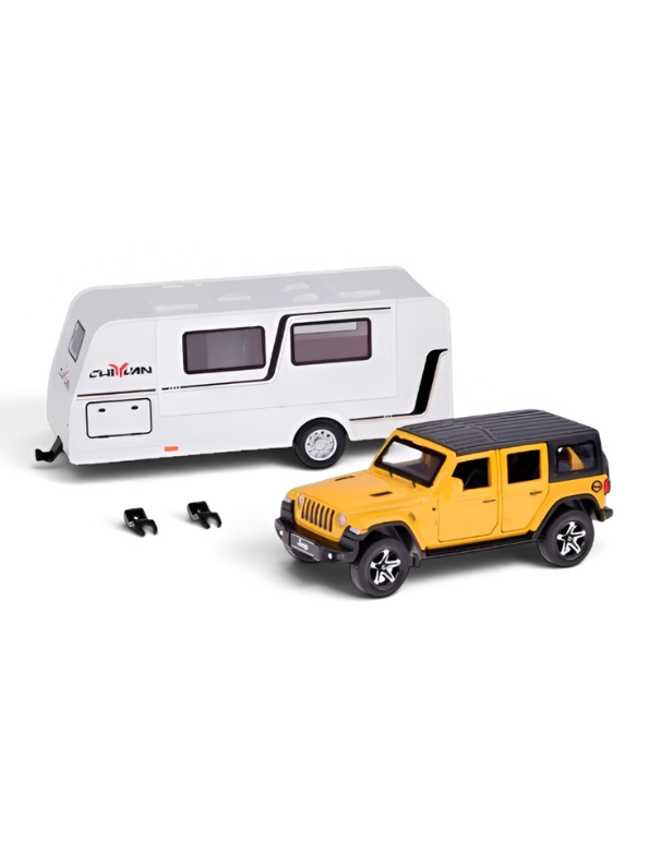 Diecast Jeep Rubicon SUV Toy with Detachable RV Camper Trailer 1:32 Scale | Yellow Pull Back Metal Off-Road Vehicle Model for Kids & Collectors TV6178