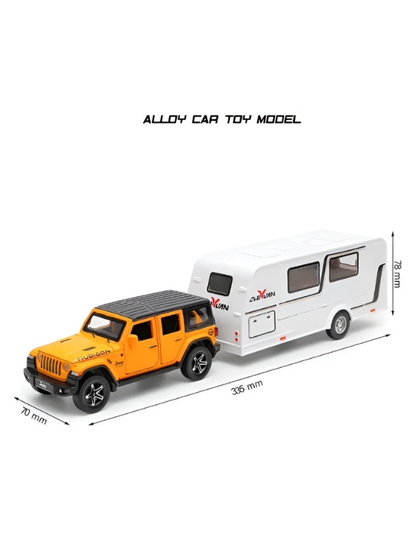 Diecast Jeep Rubicon SUV Toy with Detachable RV Camper Trailer 1:32 Scale | Yellow Pull Back Metal Off-Road Vehicle Model for Kids & Collectors TV6178