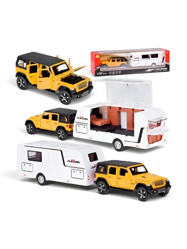 Diecast Jeep Rubicon SUV Toy with Detachable RV Camper Trailer 1:32 Scale | Yellow Pull Back Metal Off-Road Vehicle Model for Kids & Collectors TV6178