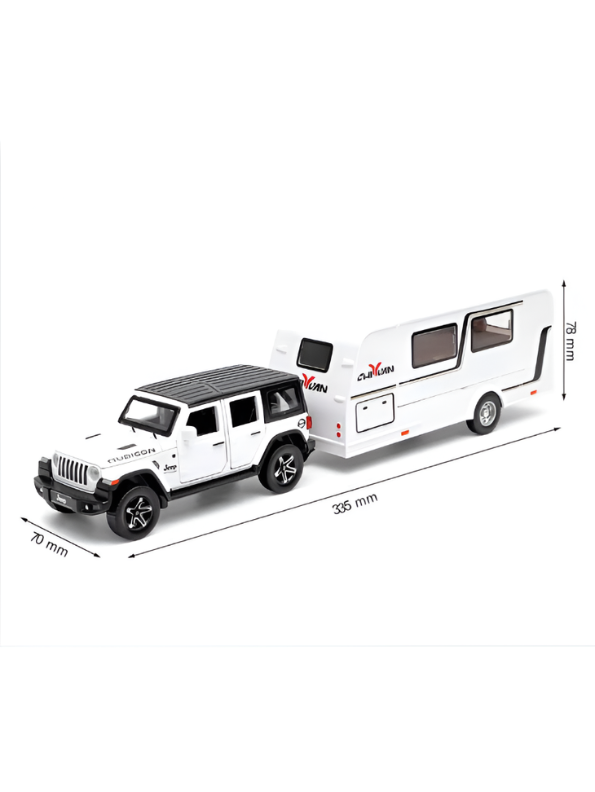 Diecast Jeep Rubicon SUV Toy with Detachable RV Camper Trailer 1:32 Scale | White Pull Back Metal Off-Road Vehicle Model for Kids & Collectors TV6178