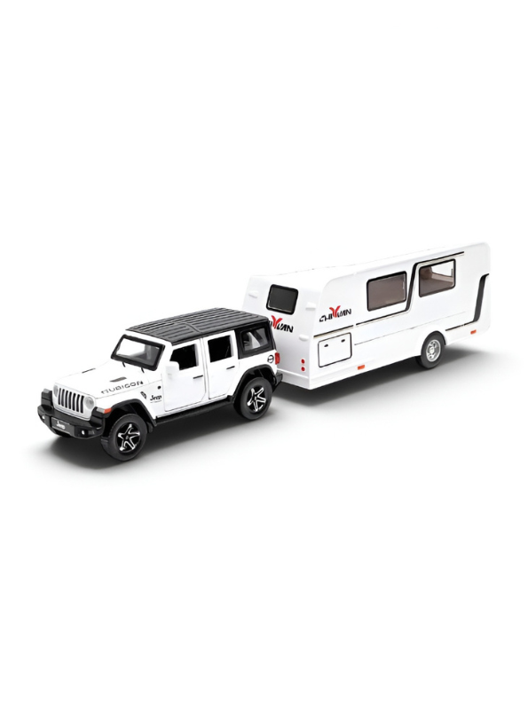 Diecast Jeep Rubicon SUV Toy with Detachable RV Camper Trailer 1:32 Scale | Pull Back Metal Off-Road Vehicle Model for Kids & Collectors TV6178