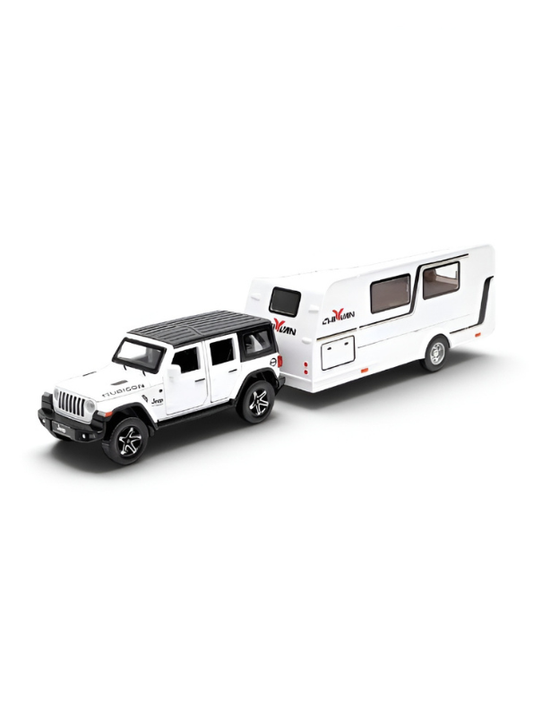 Diecast Jeep Rubicon SUV Toy with Detachable RV Camper Trailer 1:32 Scale | White Pull Back Metal Off-Road Vehicle Model for Kids & Collectors TV6178