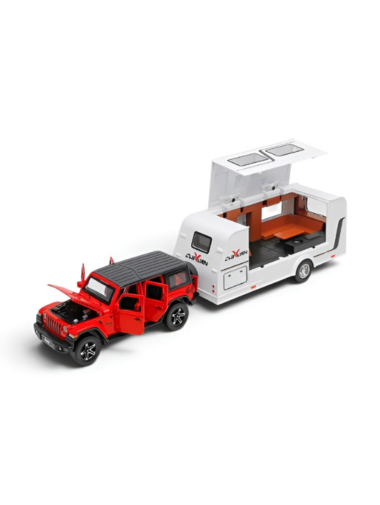 Diecast Jeep Rubicon SUV Toy with Detachable RV Camper Trailer 1:32 Scale | Pull Back Metal Off-Road Vehicle Model for Kids & Collectors TV6178
