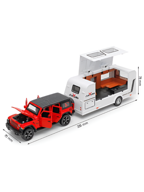 Diecast Jeep Rubicon SUV Toy with Detachable RV Camper Trailer 1:32 Scale | Pull Back Metal Off-Road Vehicle Model for Kids & Collectors TV6178