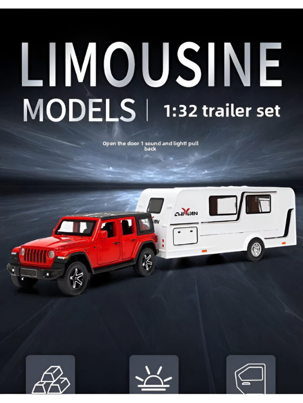 Diecast Jeep Rubicon SUV Toy with Detachable RV Camper Trailer 1:32 Scale | Pull Back Metal Off-Road Vehicle Model for Kids & Collectors TV6178