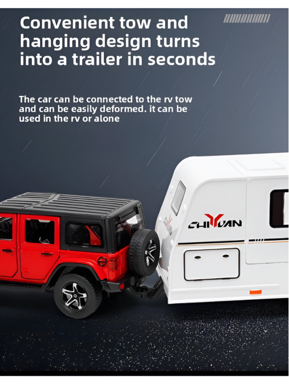 Diecast Jeep Rubicon SUV Toy with Detachable RV Camper Trailer 1:32 Scale | Pull Back Metal Off-Road Vehicle Model for Kids & Collectors TV6178