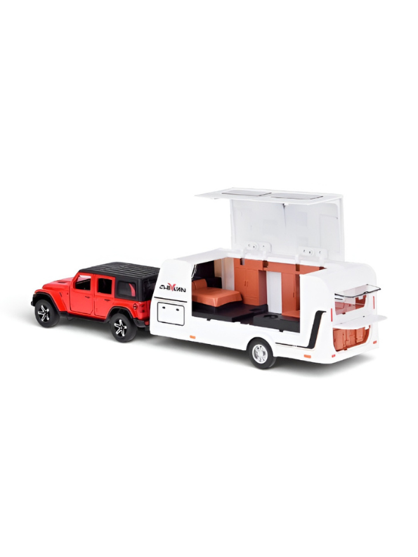 Diecast Jeep Rubicon SUV Toy with Detachable RV Camper Trailer 1:32 Scale | Pull Back Metal Off-Road Vehicle Model for Kids & Collectors TV6178