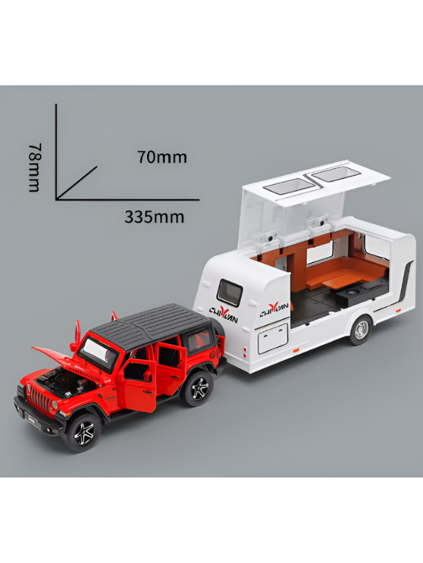 Diecast Jeep Rubicon SUV Toy with Detachable RV Camper Trailer 1:32 Scale | Pull Back Metal Off-Road Vehicle Model for Kids & Collectors TV6178