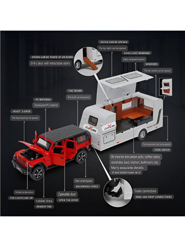 Diecast Jeep Rubicon SUV Toy with Detachable RV Camper Trailer 1:32 Scale | Pull Back Metal Off-Road Vehicle Model for Kids & Collectors TV6178
