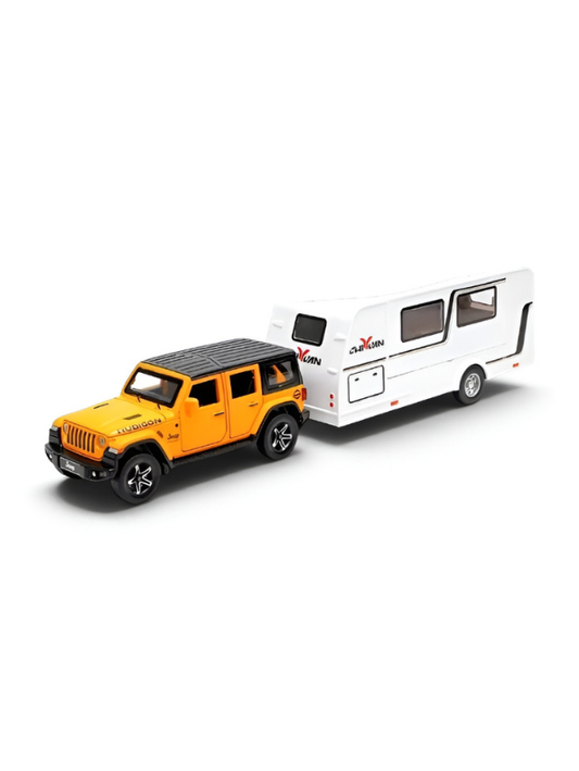 Diecast Jeep Rubicon SUV Toy with Detachable RV Camper Trailer 1:32 Scale | Yellow Pull Back Metal Off-Road Vehicle Model for Kids & Collectors TV6178