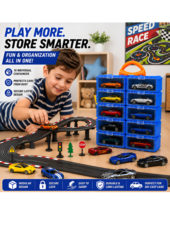 Diecast Metal Toy Vehicles Pack of 10 with Stackable Storage Pods – Portable Car Collection Organizer, Wall-Hanging Display Case, TV7188