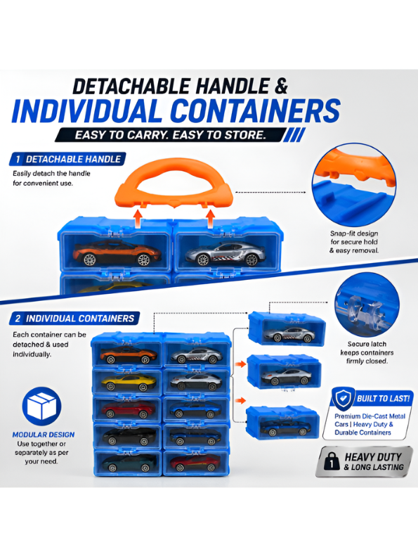 Diecast Metal Toy Vehicles Pack of 10 with Stackable Storage Pods – Portable Car Collection Organizer, Wall-Hanging Display Case, TV7188