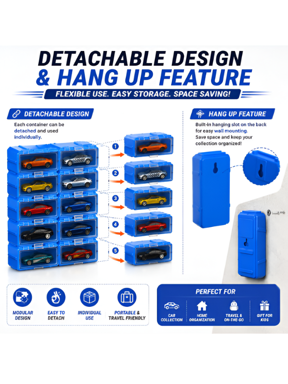 Diecast Metal Toy Vehicles Pack of 10 with Stackable Storage Pods – Portable Car Collection Organizer, Wall-Hanging Display Case, TV7188
