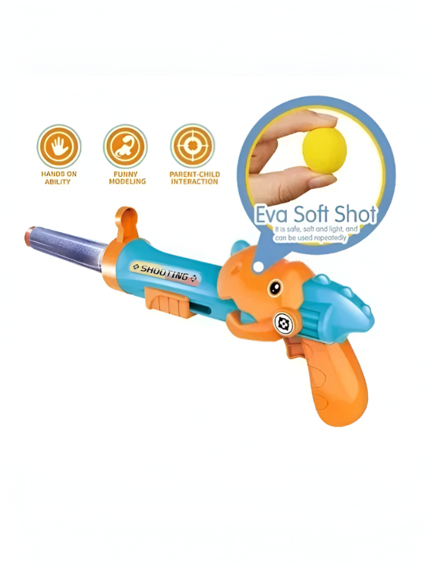 Dinosaur Gun Toy Set for Kids – 2-in-1 Shooting Game with EVA Soft Bullets & Foam Balls, Includes Bowling Pin Targets, Binoculars, and Target Crown for Safe Indoor Play Orange NX15605.