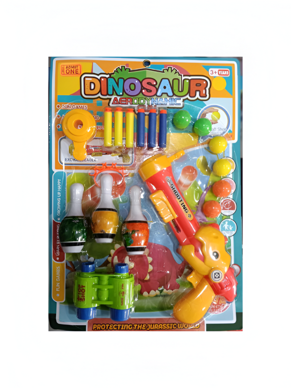 Dinosaur Gun Toy Set for Kids – 2-in-1 Shooting Game with EVA Soft Bullets & Foam Balls, Includes Bowling Pin Targets, Binoculars, and Target Crown for Safe Indoor Play Yellow NX15605.