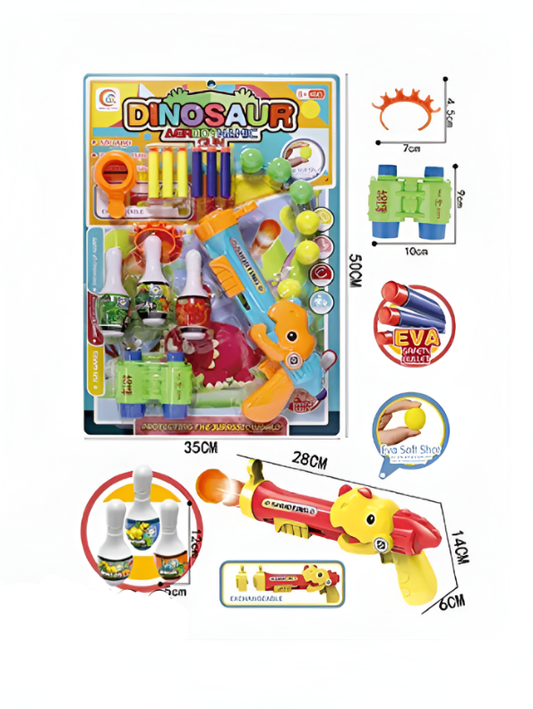 Dinosaur Gun Toy Set for Kids – 2-in-1 Shooting Game with EVA Soft Bullets & Foam Balls, Includes Bowling Pin Targets, Binoculars, and Target Crown for Safe Indoor Play Orange NX15605.