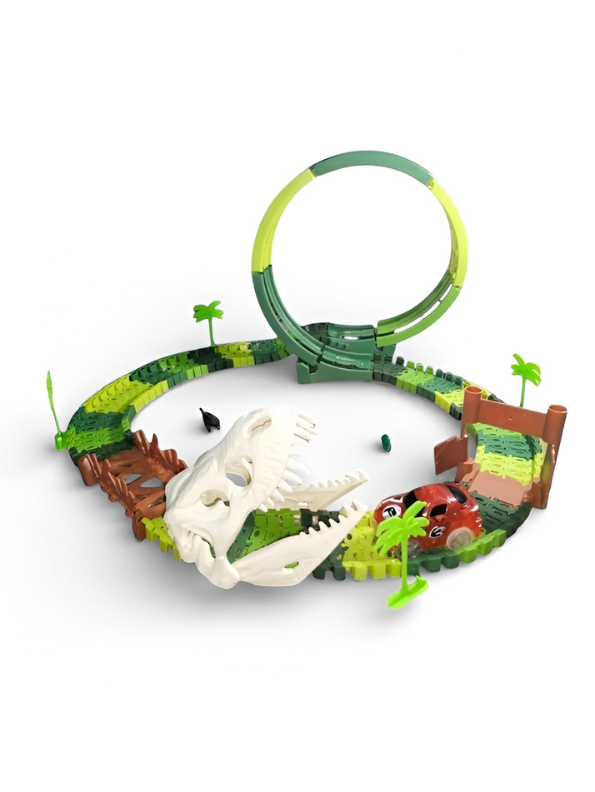 Dinosaur Race Track Toy Set – Flexible Track with 360° Loop, Dino Skull Tunnel & Bridge TV1782.