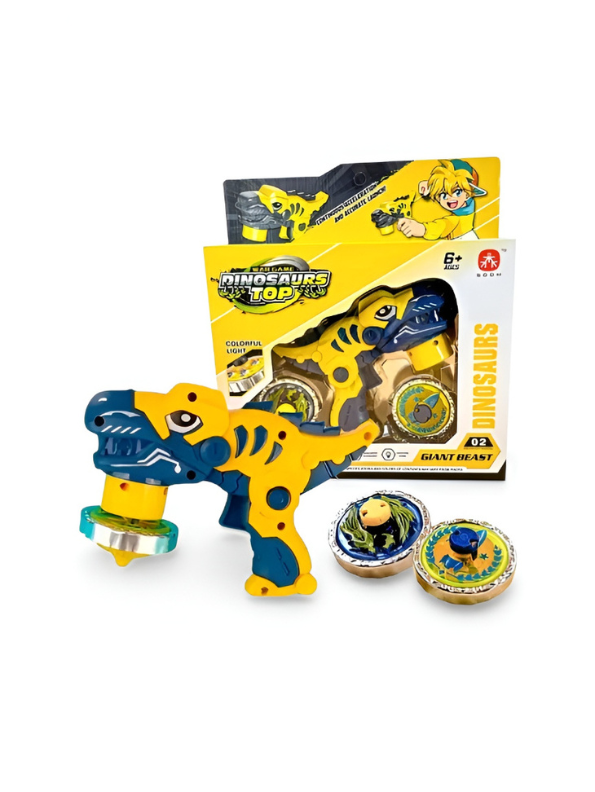 Dinosaur Spinning Top Launcher Toy Gun – T-Rex Battle Beyblade Game with Metal Burst Tops Yellow NX16578.