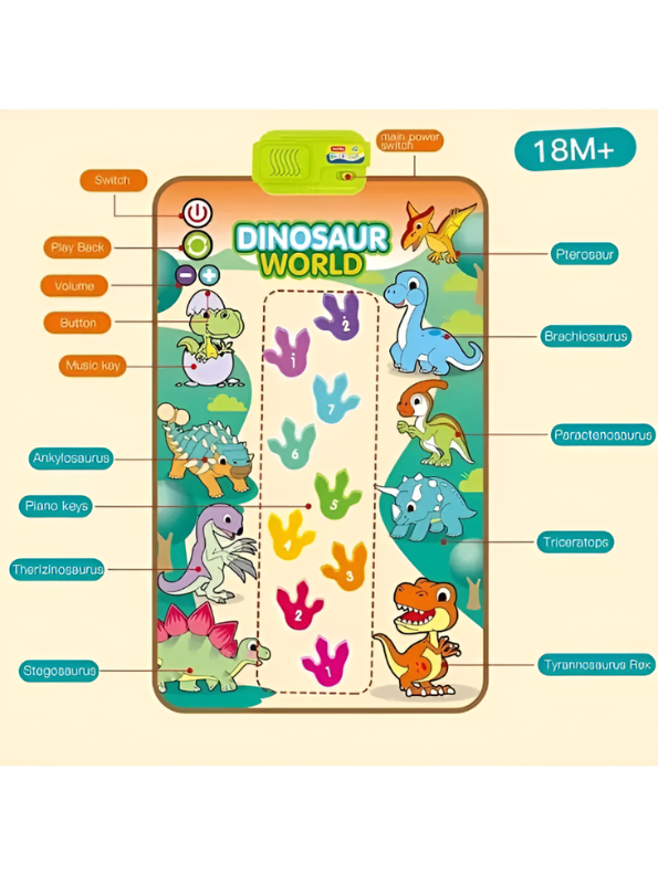 Dinosaur World Musical Play Mat – Piano Dance Mat with 9 Piano Keys, 8 Dinosaur Sound Effects, Touch & Step Educational Music Toy LMI15319.