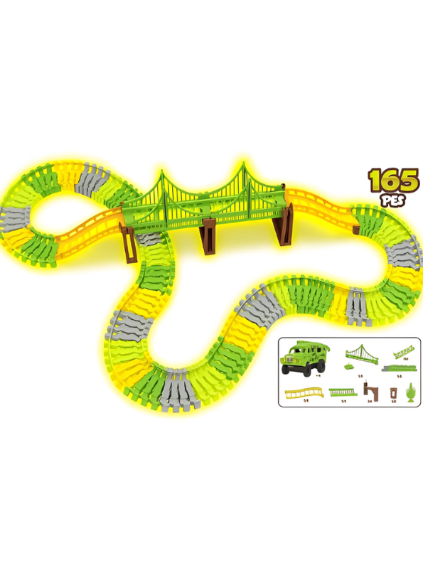 Dinosaur Race Track Set 165 PCS – Glow in the Dark Flexible Dinosaur World Track Toy with Bridge, 2 LED Cars & Dinosaurs LMI14941.