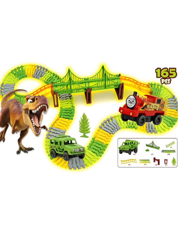 Dinosaur Race Track Set 165 PCS – Glow in the Dark Flexible Dinosaur World Track Toy with Bridge, 2 LED Cars & Dinosaurs LMI14941.
