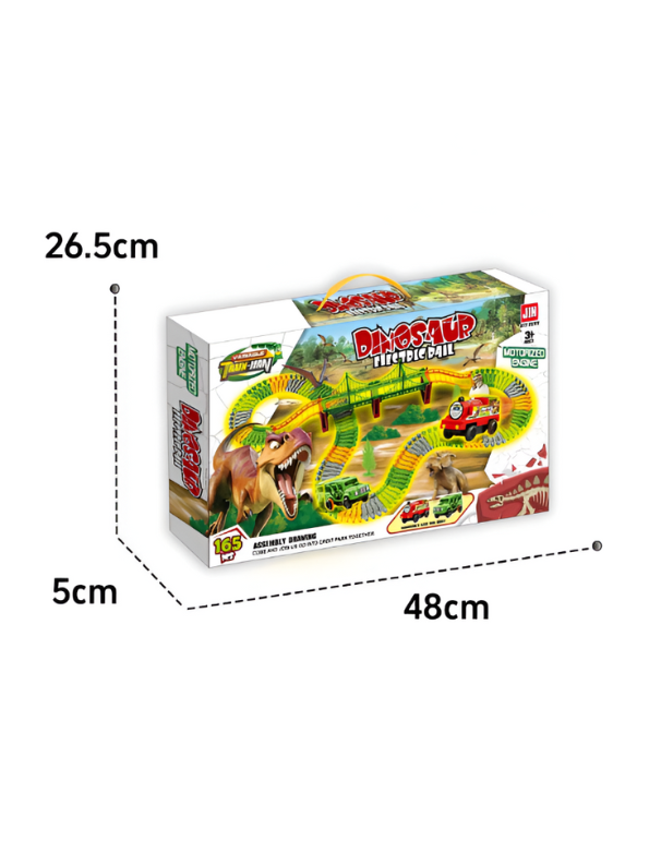 Dinosaur Race Track Set 165 PCS – Glow in the Dark Flexible Dinosaur World Track Toy with Bridge, 2 LED Cars & Dinosaurs LMI14941.