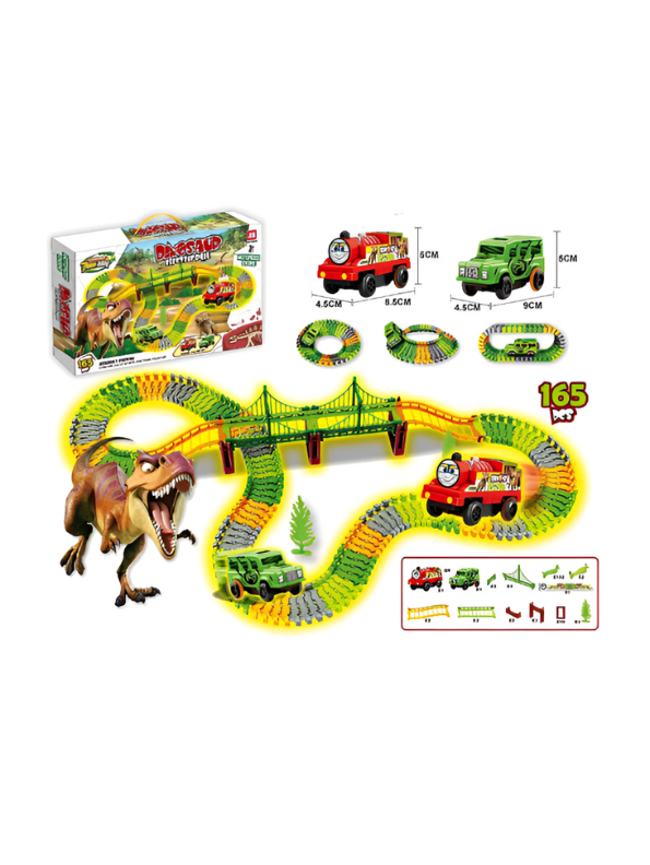 Dinosaur Race Track Set 165 PCS – Glow in the Dark Flexible Dinosaur World Track Toy with Bridge, 2 LED Cars & Dinosaurs LMI14941.