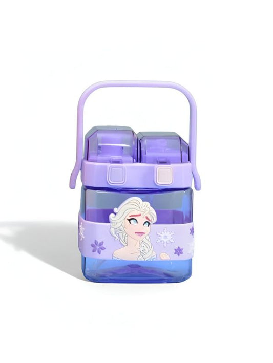 Purple - Disney Cartoon 2-in-1 Kids Water Bottle 600ml – Push Button Sipper + Straw | Leakproof Plastic Bottle with Neck Strap for School & Travel NOV10374.