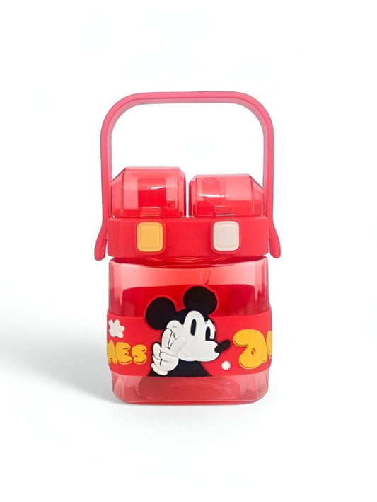 Red - Disney Cartoon 2-in-1 Kids Water Bottle 600ml – Push Button Sipper + Straw | Leakproof Plastic Bottle with Neck Strap for School & Travel NOV10374.
