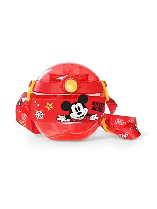 Red - Disney Cartoon Donut Shape Sipper Water Bottle for Kids – 420ML BPA Free, Leakproof, Lightweight, Push Button, with Strap – Ideal for School Use NOV10477.