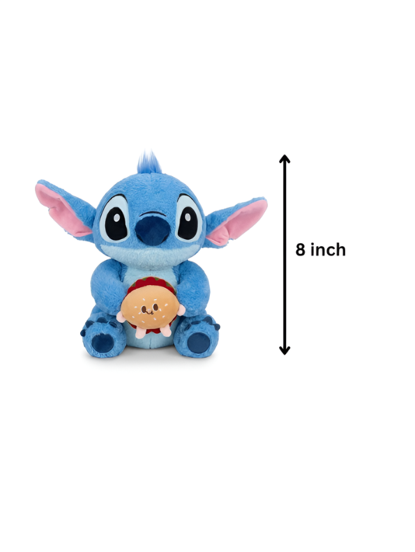 Disney Stitch Soft Toy with Burger - 8 Inch | Cute Blue Alien Stuffed Animal Plush Toy for Kids.
