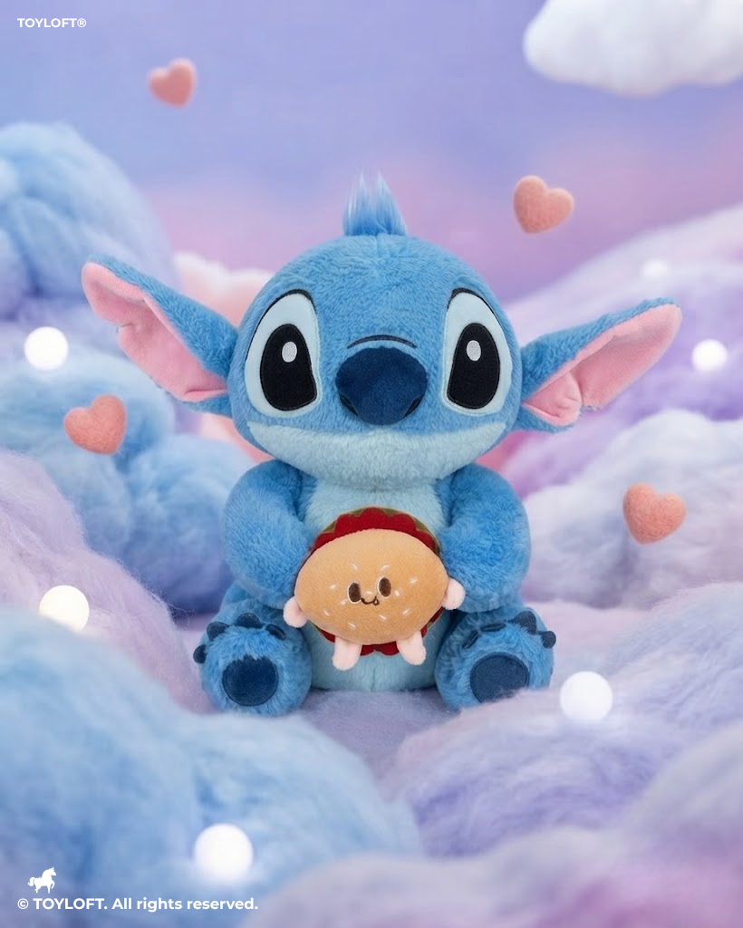 Disney Stitch Soft Toy with Burger - 8 Inch | Cute Blue Alien Stuffed Animal Plush Toy for Kids.