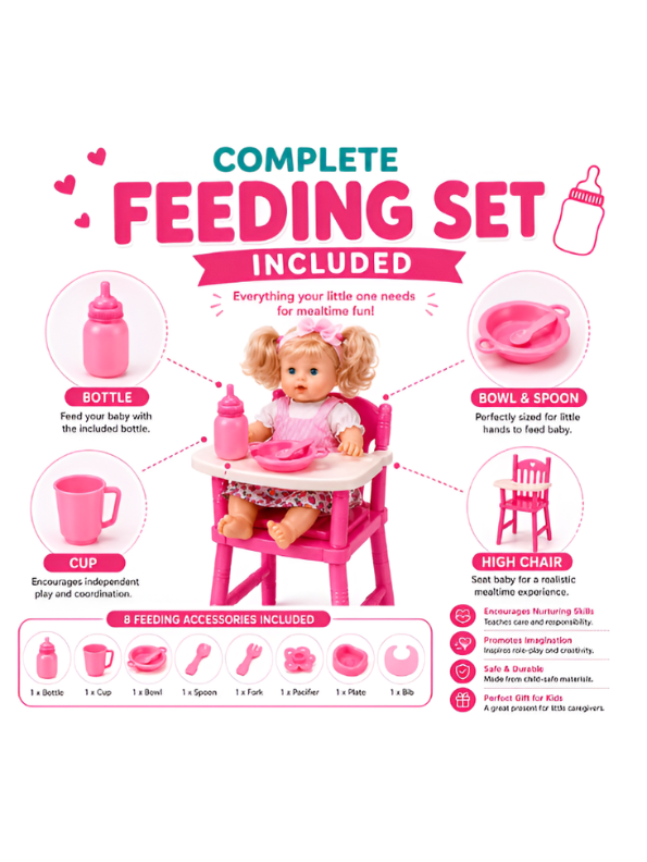 Doll Nursery Playset – Includes Realistic Baby Doll, Toy Stroller, Rocking Crib, Highchair, and Feeding Accessories (Pink) TV6070