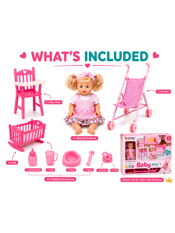 Doll Nursery Playset – Includes Realistic Baby Doll, Toy Stroller, Rocking Crib, Highchair, and Feeding Accessories (Pink) TV6070
