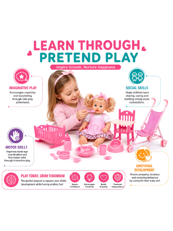 Doll Nursery Playset – Includes Realistic Baby Doll, Toy Stroller, Rocking Crib, Highchair, and Feeding Accessories (Pink) TV6070