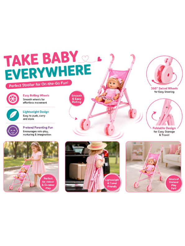 Doll Nursery Playset – Includes Realistic Baby Doll, Toy Stroller, Rocking Crib, Highchair, and Feeding Accessories (Pink) TV6070