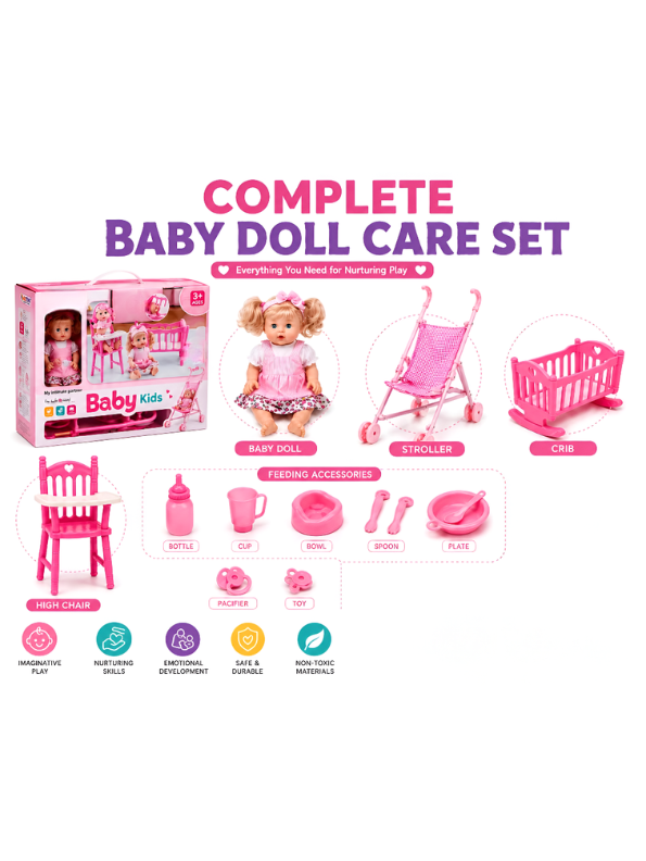 Doll Nursery Playset – Includes Realistic Baby Doll, Toy Stroller, Rocking Crib, Highchair, and Feeding Accessories (Pink) TV6070