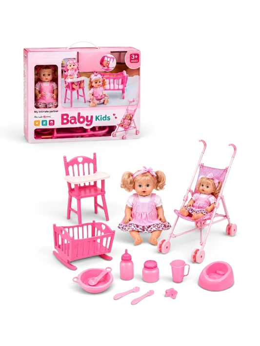 Doll Nursery Playset – Includes Realistic Baby Doll, Toy Stroller, Rocking Crib, Highchair, and Feeding Accessories (Pink) TV6070