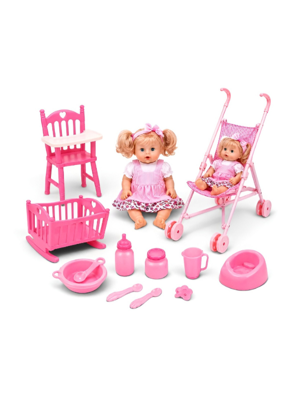Doll Nursery Playset – Includes Realistic Baby Doll, Toy Stroller, Rocking Crib, Highchair, and Feeding Accessories (Pink) TV6070