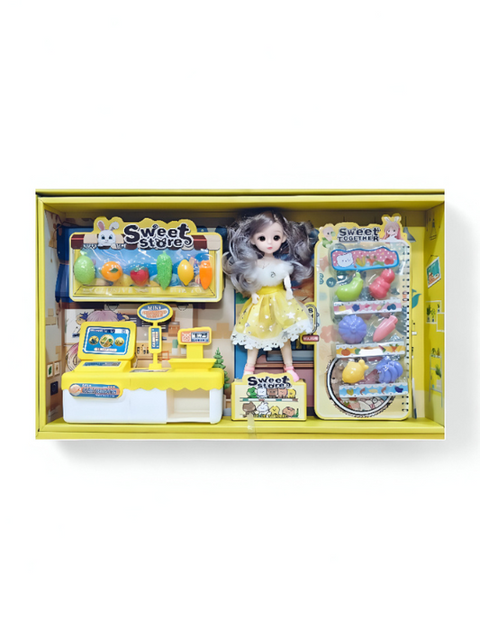 Yellow - Doll Supermarket Playset – Fashion Barbie Inspired Doll with Supermarket Playset, Fruits, Utensils & Mini Fridge | Gift Toy for Girls | LMI13640.