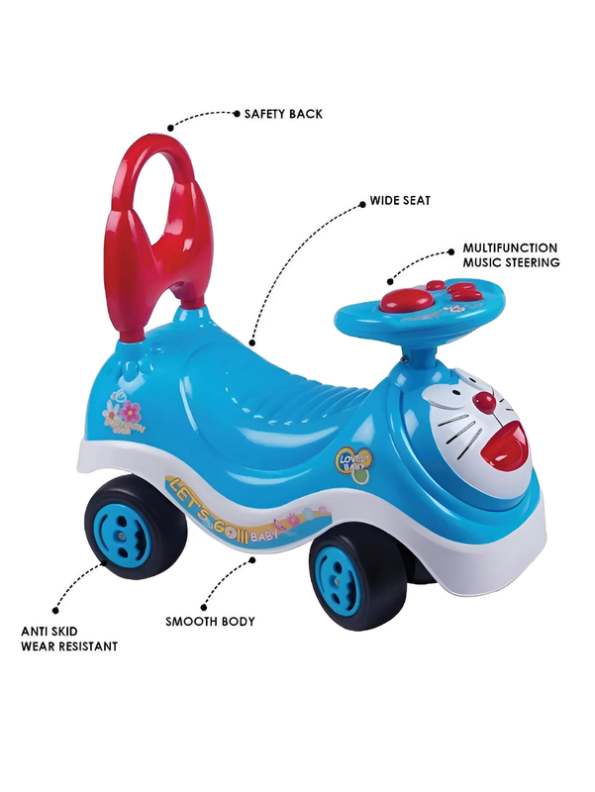 Doraemon Baby Ride-On Push Car with Musical Steering Wheel & Safety Back Support – Manual Foot-to-Floor Sliding Walker Toy LMI8580