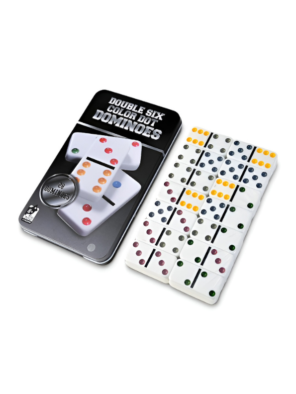 Double 6 Color Dot Dominoes Set with Tin Case - 28 Pieces Classic Tabletop Board Game for Family, Adults, and Kids - Premium White Tiles Educational Toy TV5418